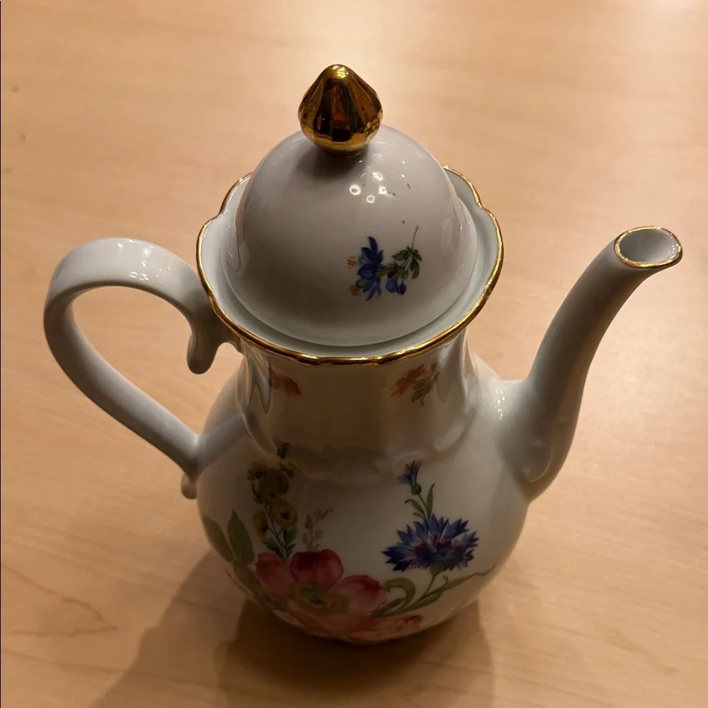 Vintage European Floral Coffee/Tea Pot with Gold Trim 10” tall